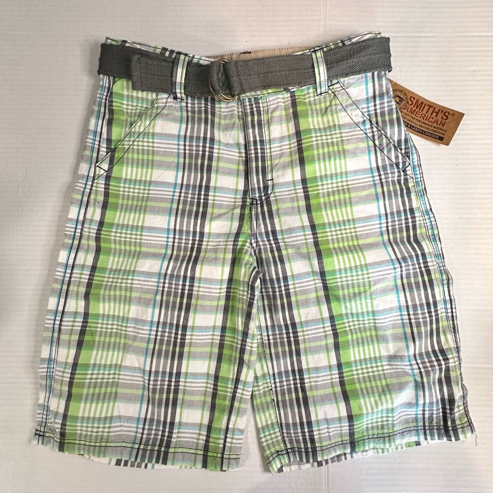 Smith’s American Men’s Bermuda Plaid Green Gray Shorts With Belt Size 16‎ NWT